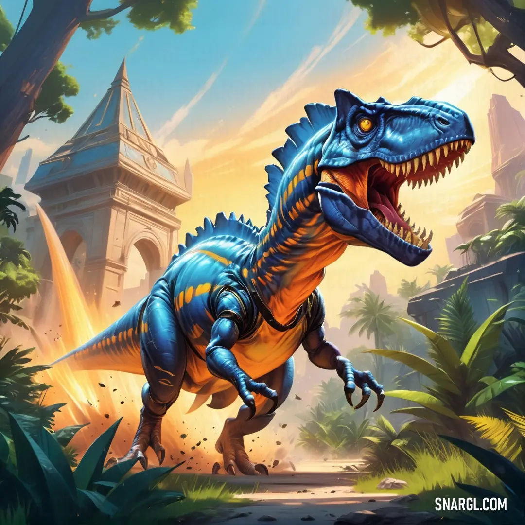 Daspletosaurus in the jungle with a castle in the background