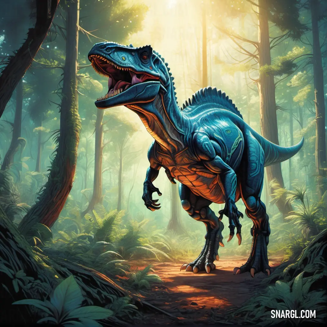 Daspletosaurus in the middle of a forest with trees and bushes around it