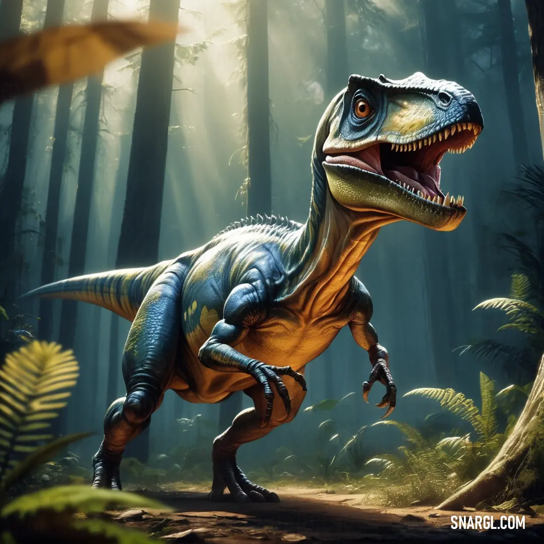 Daspletosaurus in the woods with a light shining on it's face and mouth