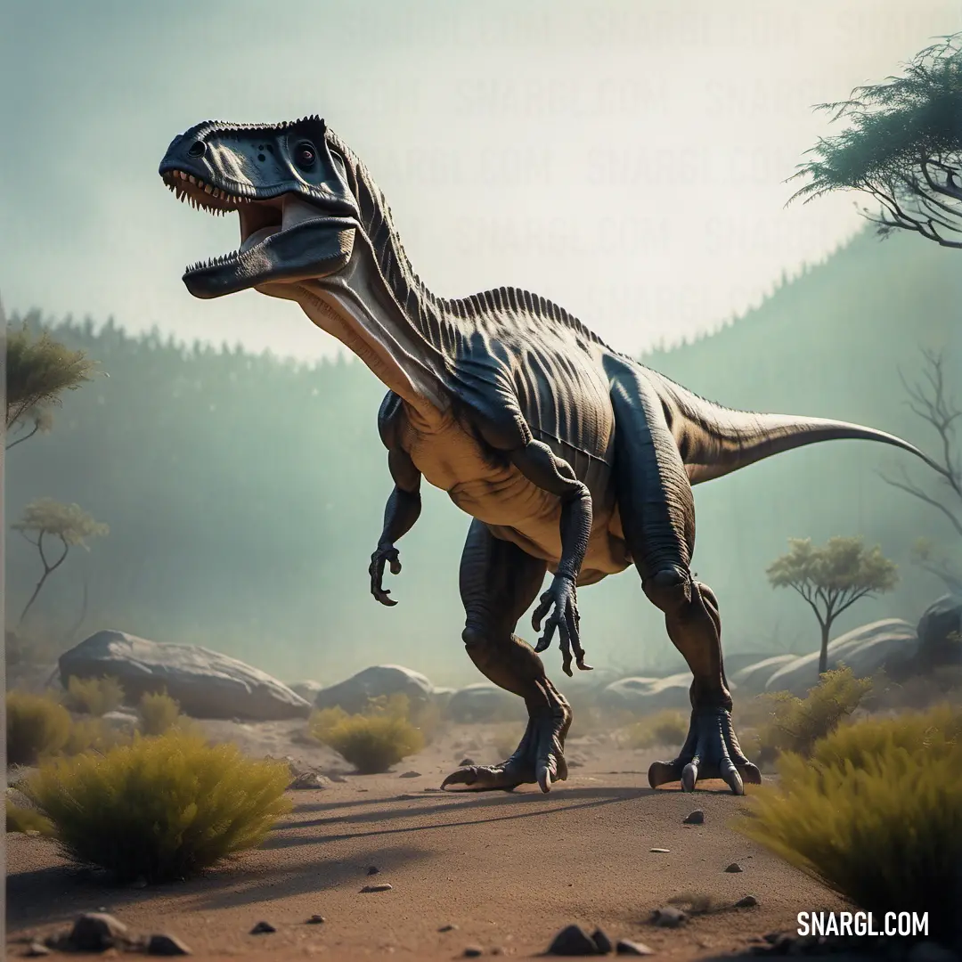 Daspletosaurus is walking in the dirt near a forest and trees in the background