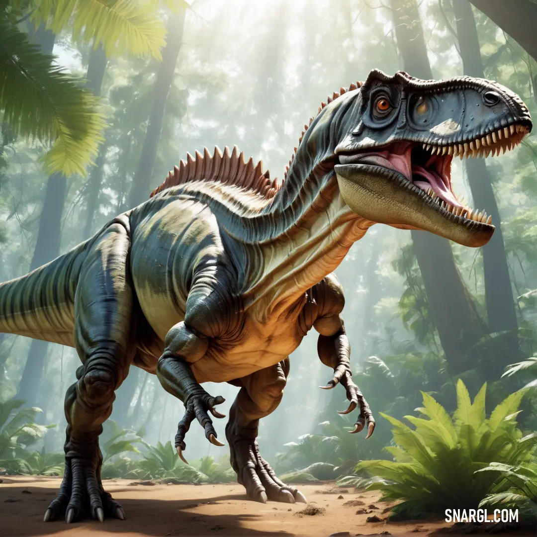 Daspletosaurus with its mouth open in the forest with trees and bushes in the background