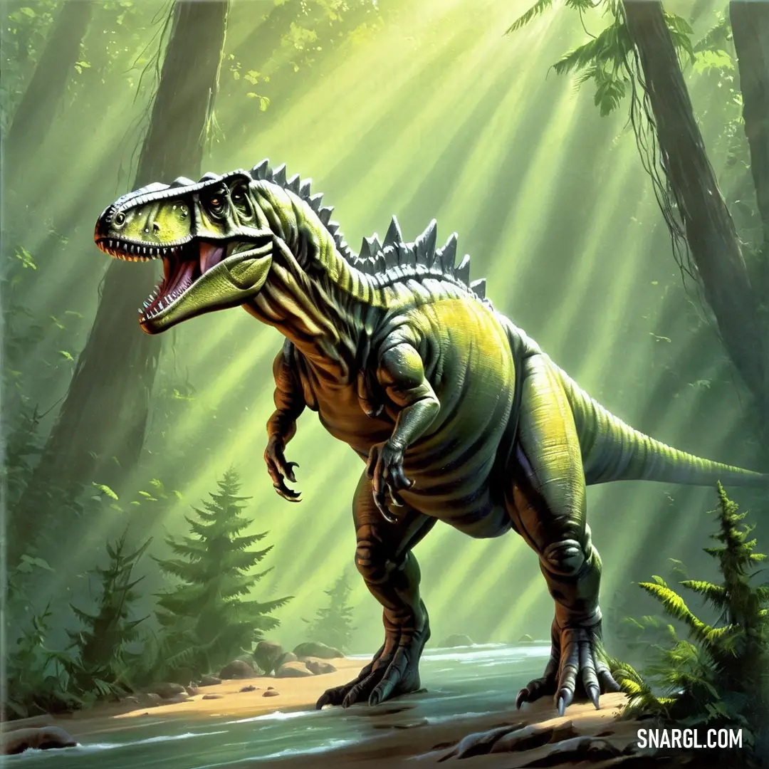 Daspletosaurus with its mouth open standing in a forest with sunlight streaming through the trees