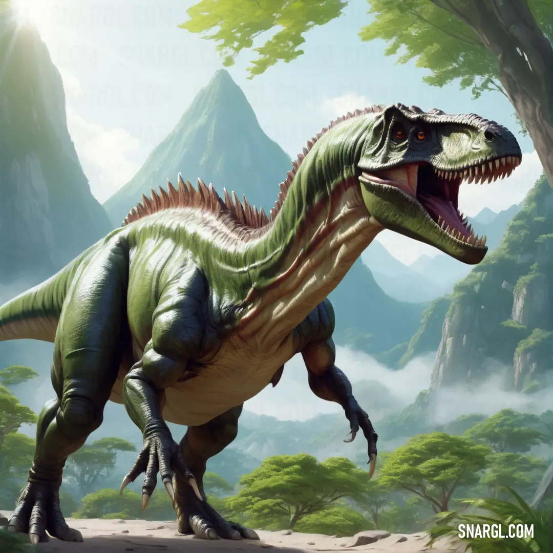 Daspletosaurus with its mouth open walking through a forest of trees and bushes in front of a mountain range