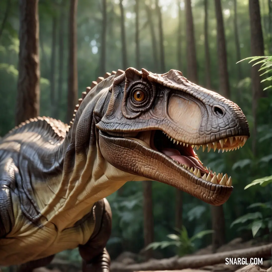 Daspletosaurus with its mouth open in a forest setting with trees and bushes in the background