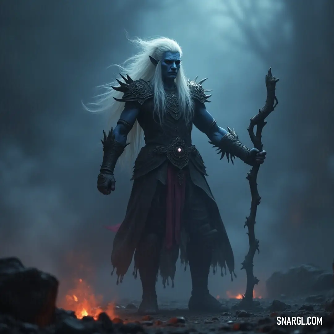 In a shadowy forest, Dath'Remar Sunstrider, with long white hair and a commanding presence, clutches his staff. The dark surroundings and dense trees enhance the aura of mystery and ancient wisdom surrounding his figure.