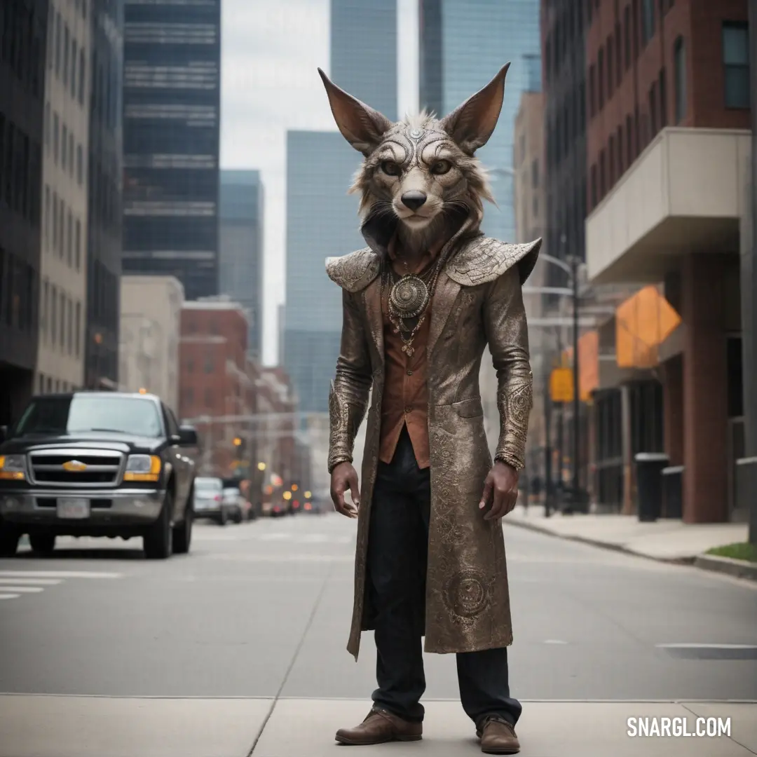 Man in a wolf mask and coat standing on a street corner with a car in the background. Example of Davy grey color.