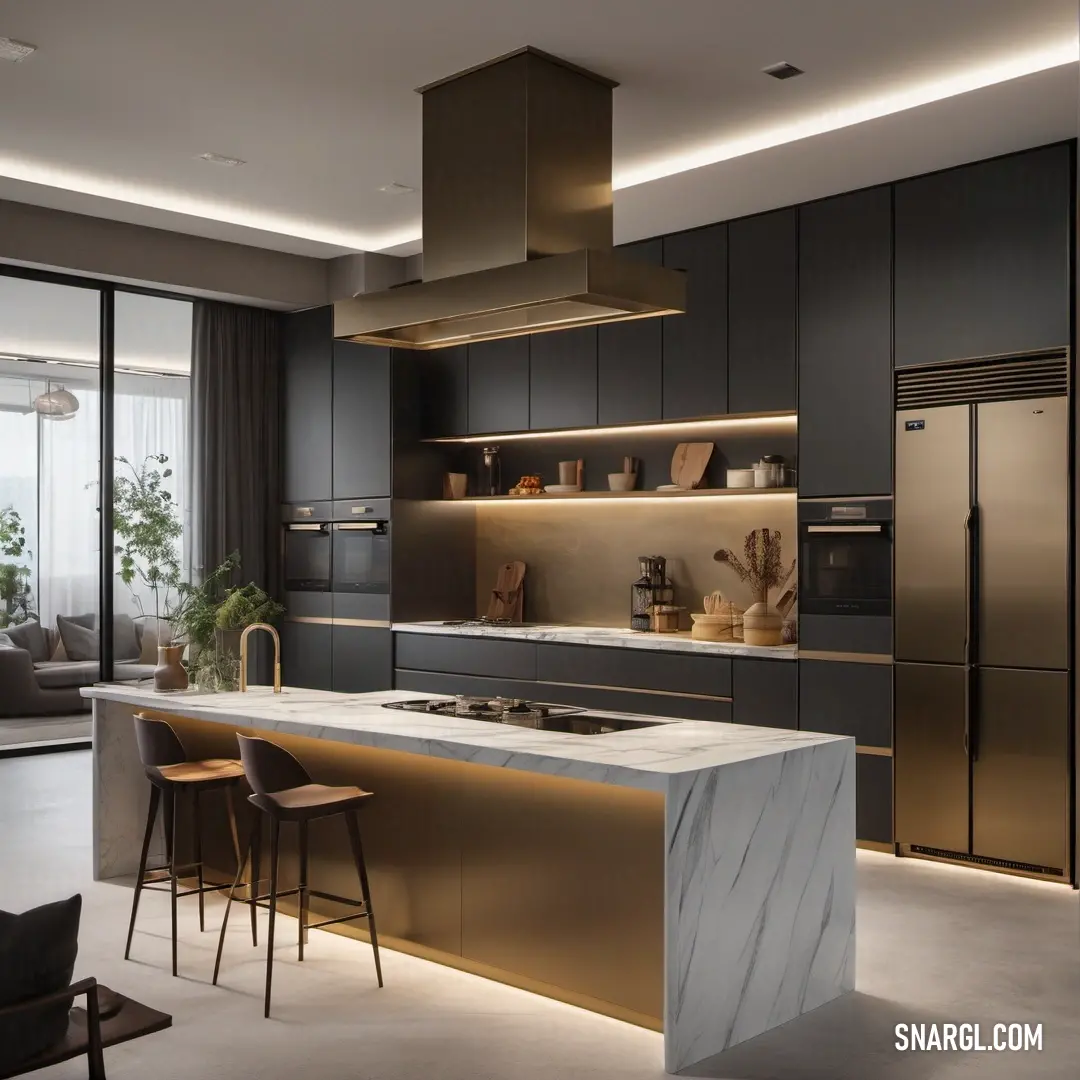 Kitchen with a marble island and a gold hood over it's stove top and sink area with a refrigerator and a window