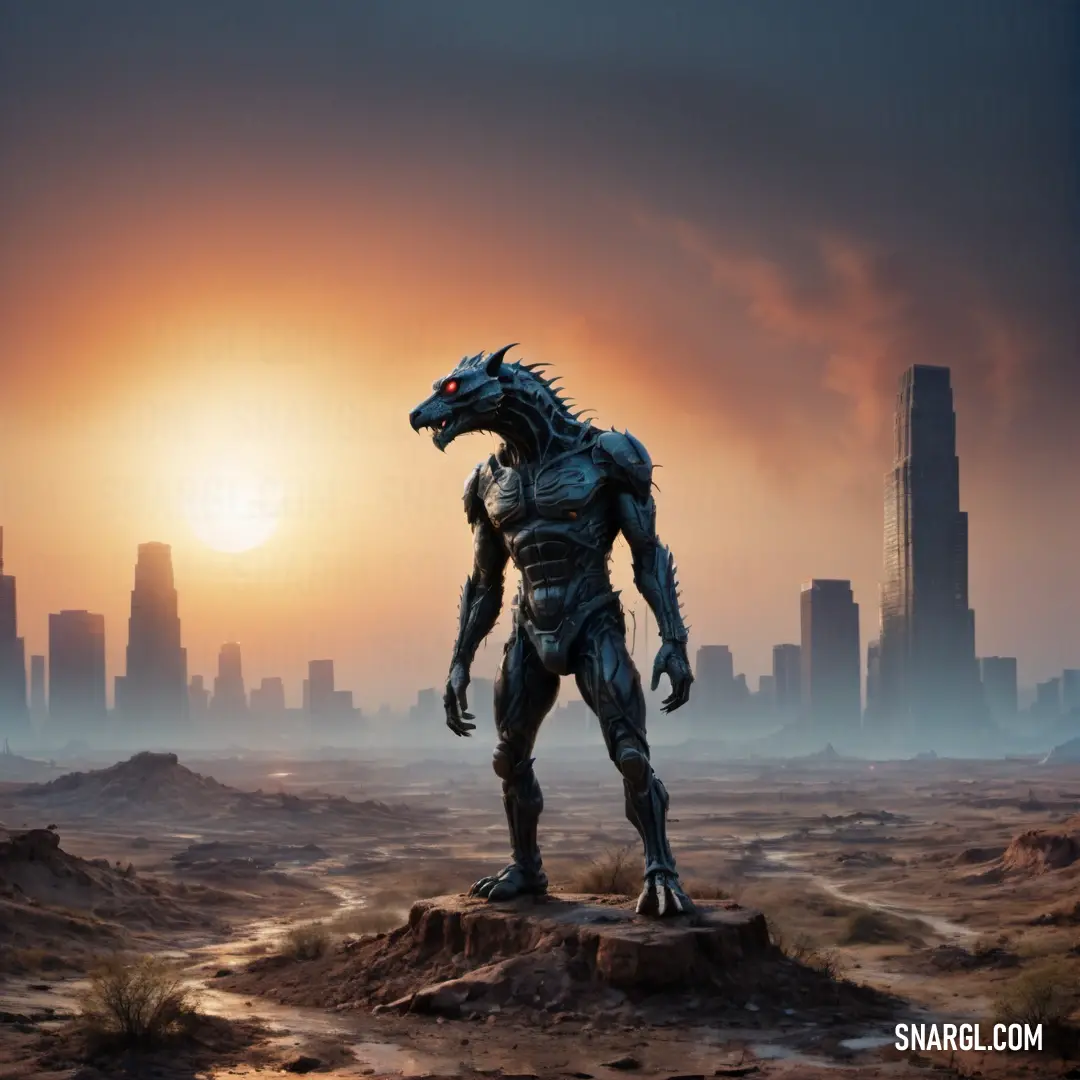 Robot standing on a rock in a desert area with a city in the background at sunset or dawn