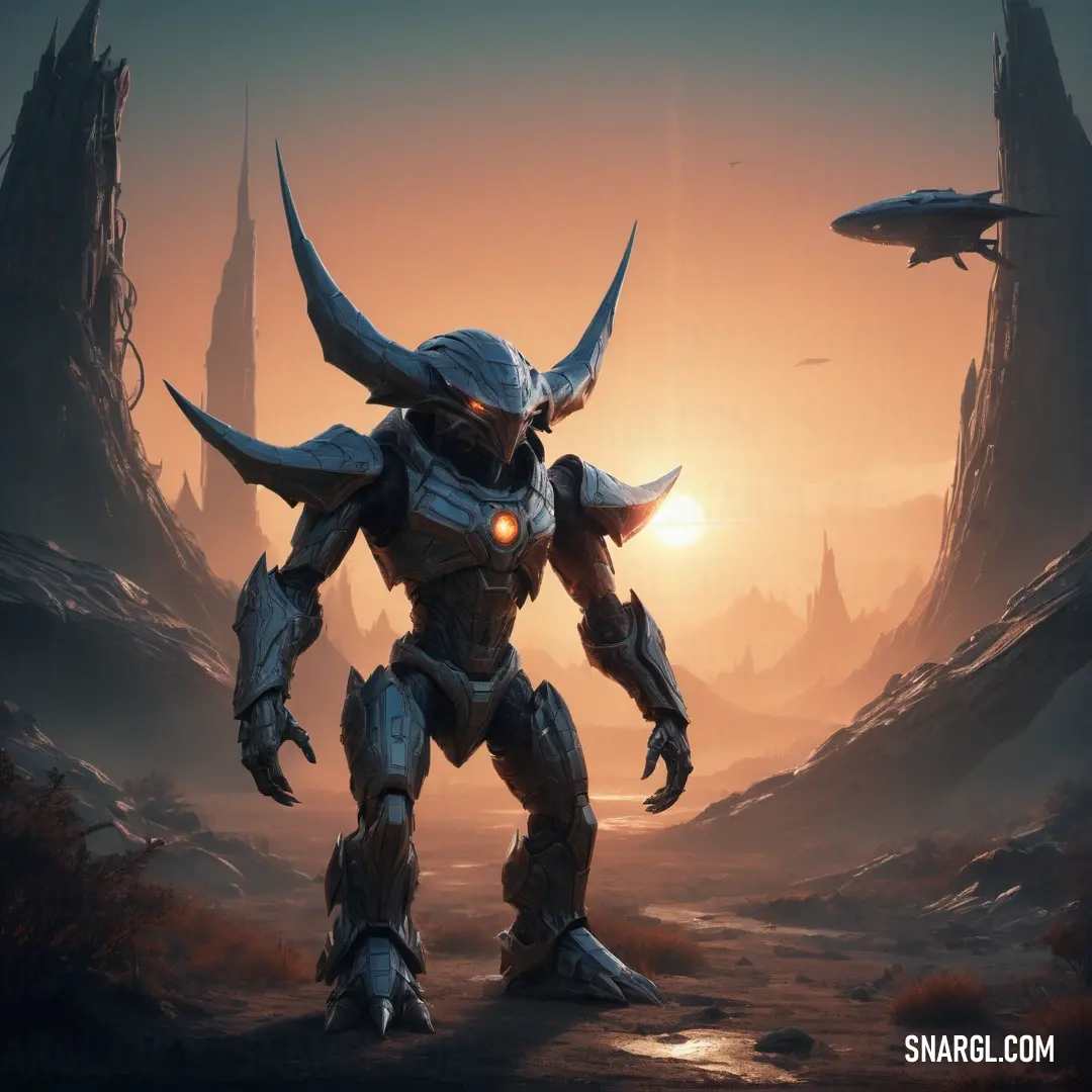 Robot with horns standing in a desert area with a spaceship in the background and a distant alien like structure in the foreground
