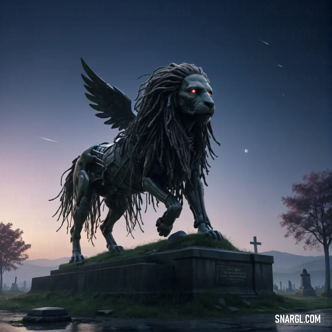 Statue of a lion with a cross in the background and a full moon in the sky above it