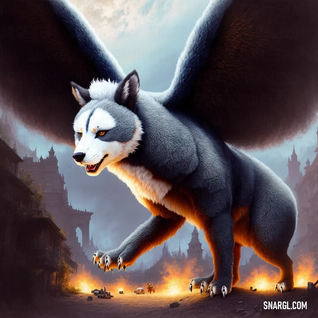 Wolf with wings is in a fantasy scene with fire and smoke in the background