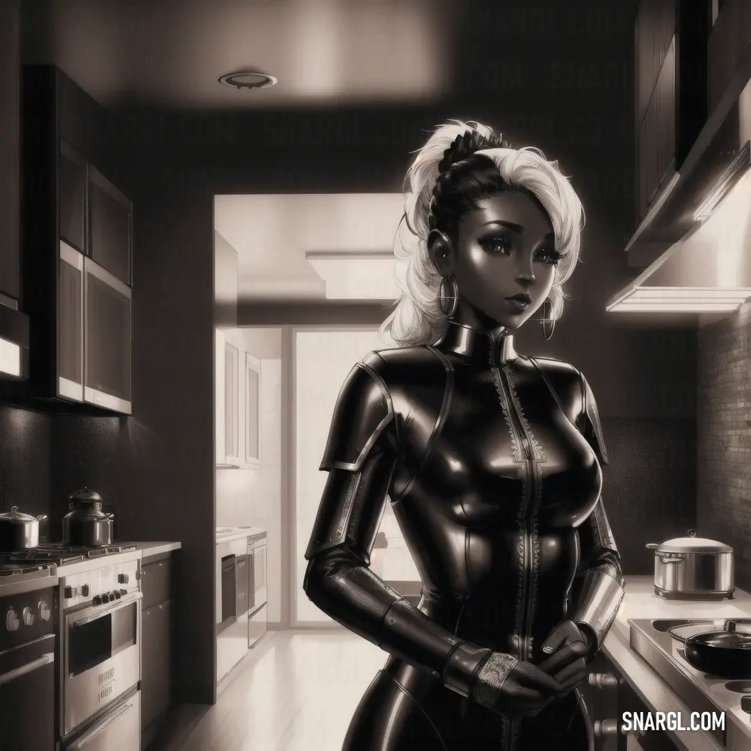 Woman in a black latex outfit standing in a kitchen with a stove and oven in the background