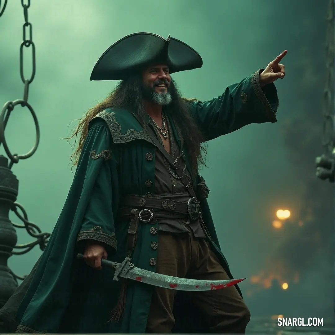 Davy Jones strikes a commanding pose, pointing with his sword, a true pirate captain with a look of unyielding power. Davy Jones, with a pirate costume and a hat perched atop his head, points with authority while holding a sword, his eyes focused and ready for action.