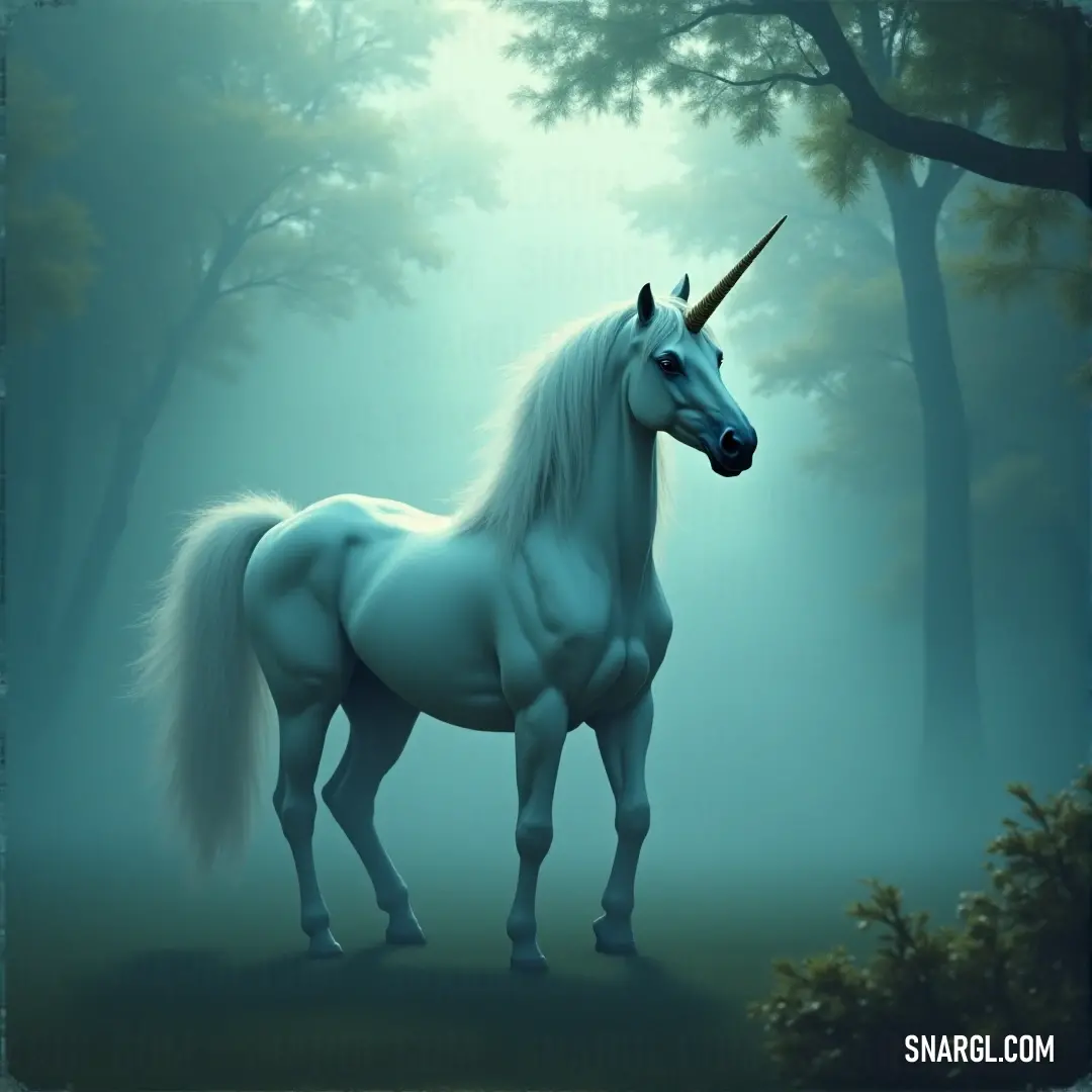 A serene unicorn standing in a fog-covered forest, the ancient trees providing shelter as the mystical mist weaves around the creature. A graceful unicorn stands in a mystical forest, surrounded by towering trees and a soft veil of fog that adds an air of mystery. The ethereal atmosphere creates a magical ambiance, as though the unicorn is a guardian of this enchanted place.