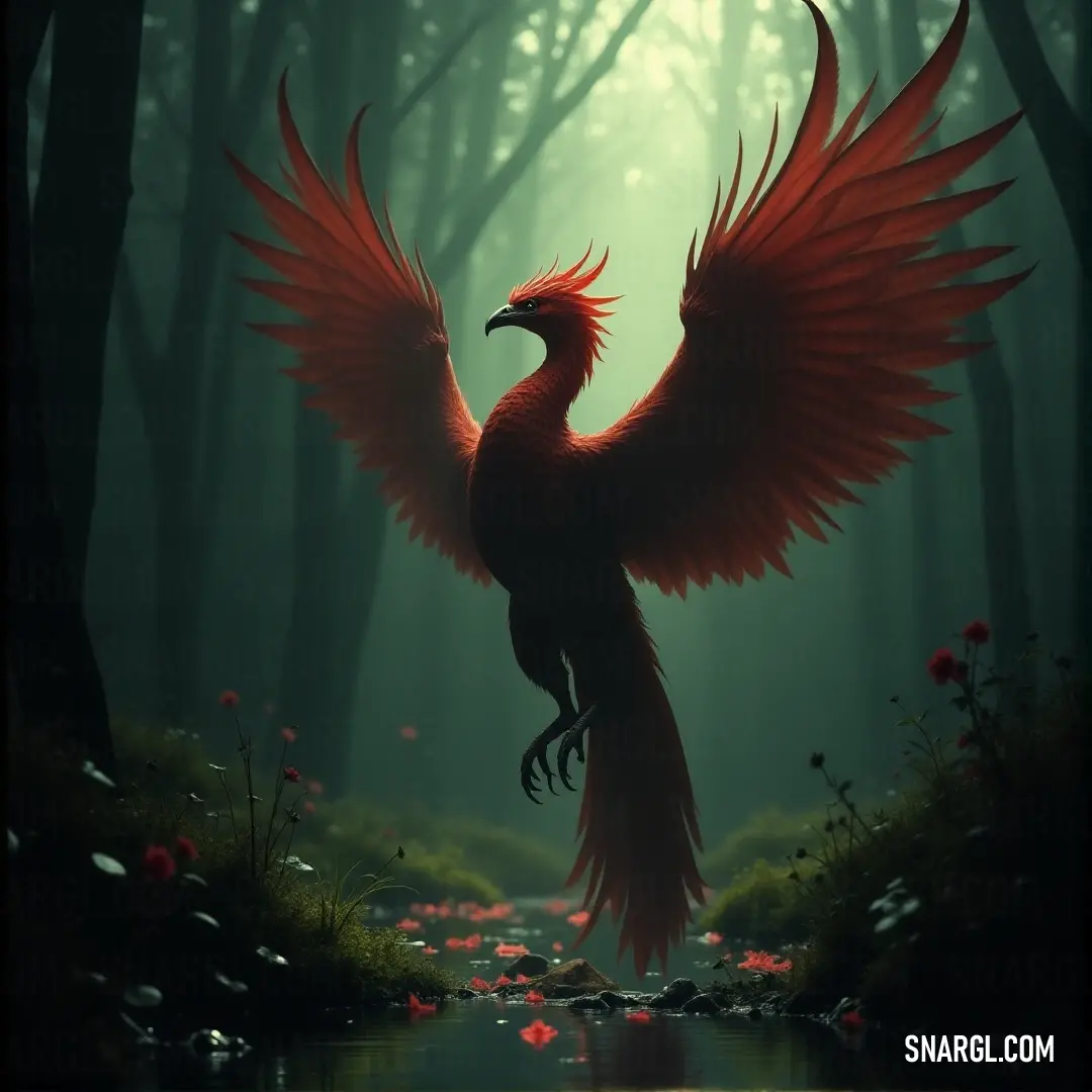 Dawnclaw with red wings stands amidst a serene forest, surrounded by flowers and trees, bathed in soft sunlight. A majestic Dawnclaw with vibrant red wings stands tall in a peaceful forest, surrounded by lush trees and colorful wildflowers, as rays of sunlight filter through the leaves, illuminating the scene in a soft, ethereal glow.