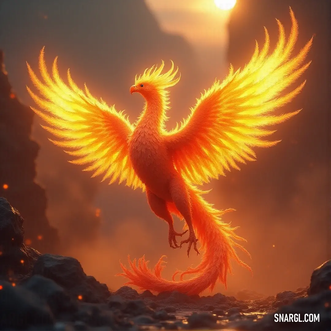 Dawnfire, with wings of glowing yellow, stands atop a rock, bathed in the warm glow of sunset, wings spread wide like a living flame. A brilliant bird, Dawnfire with glowing yellow wings, stands atop a rocky outcrop at sunset. The golden light casts a halo around its expansive wings, creating a breathtaking silhouette against the fading sky.