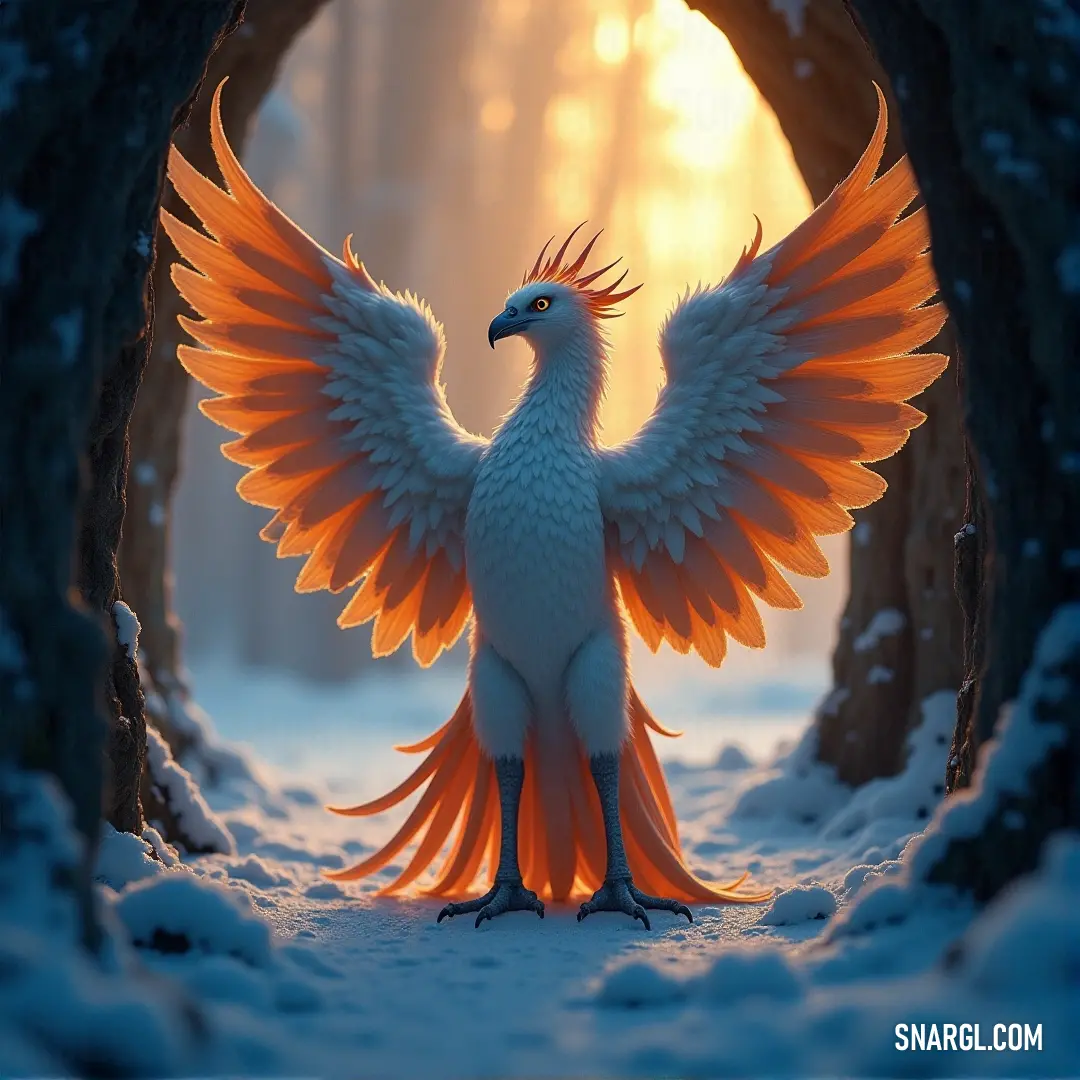 A majestic bird with vibrant orange feathers stands tall in a serene snowy forest. Its wings are wide open, creating an awe-inspiring sight as soft snowflakes gently fall around it, creating a perfect winter landscape.