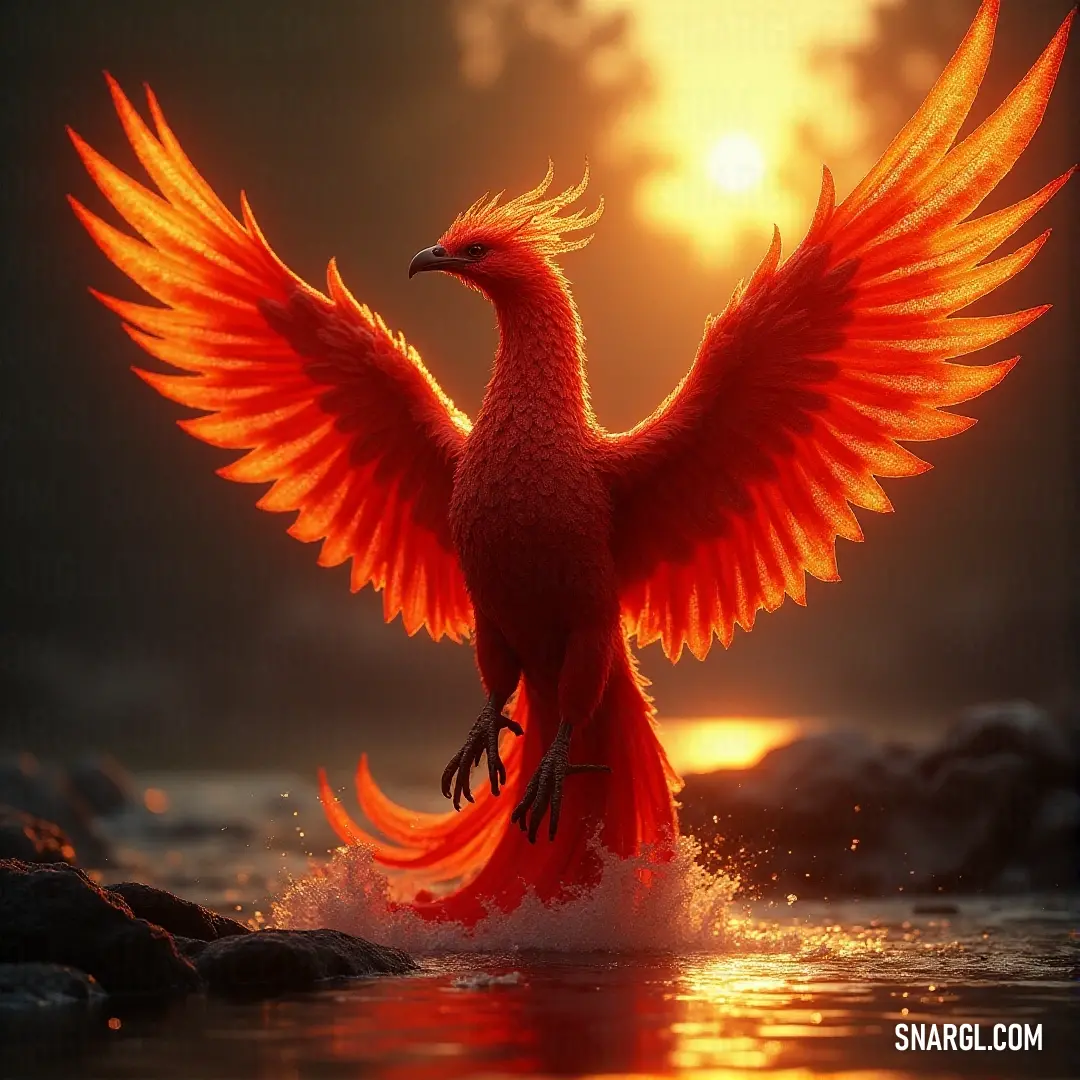 Dawnfire, the fiery bird with orange feathers, stands proudly in water, wings spread wide, radiating the beauty of the dawn. A majestic, fiery bird named Dawnfire, with vibrant orange feathers, stands gracefully in a tranquil pool of water, wings fully spread, showcasing the brilliance of its fiery plumage under the morning light.