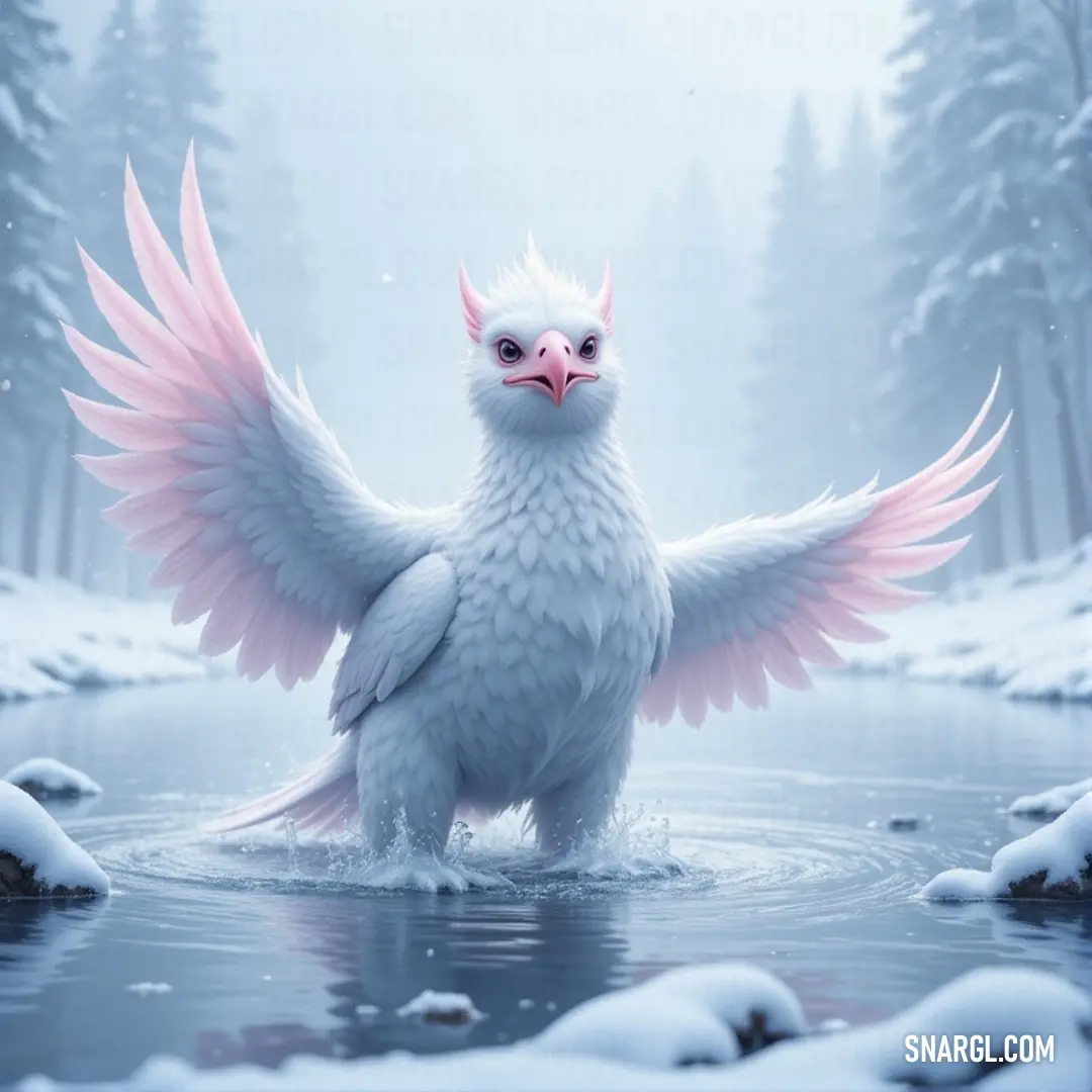 A white Dawnflare bird with soft pink wings stands gracefully in a river surrounded by snow. Tall trees rise in the distance, creating a peaceful and serene winter scene.