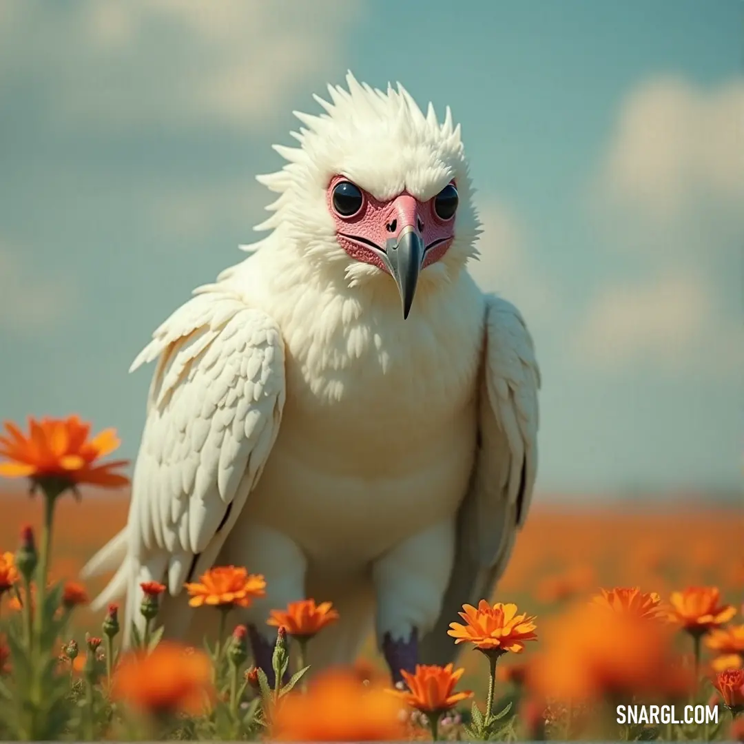 A white bird with a pink beak stands in a lush field of flowers, under a brilliant blue sky, embodying the beauty of nature. A white bird with a soft pink beak stands gracefully in a vibrant field of colorful flowers, the clear blue sky above providing a perfect backdrop to the tranquil scene.