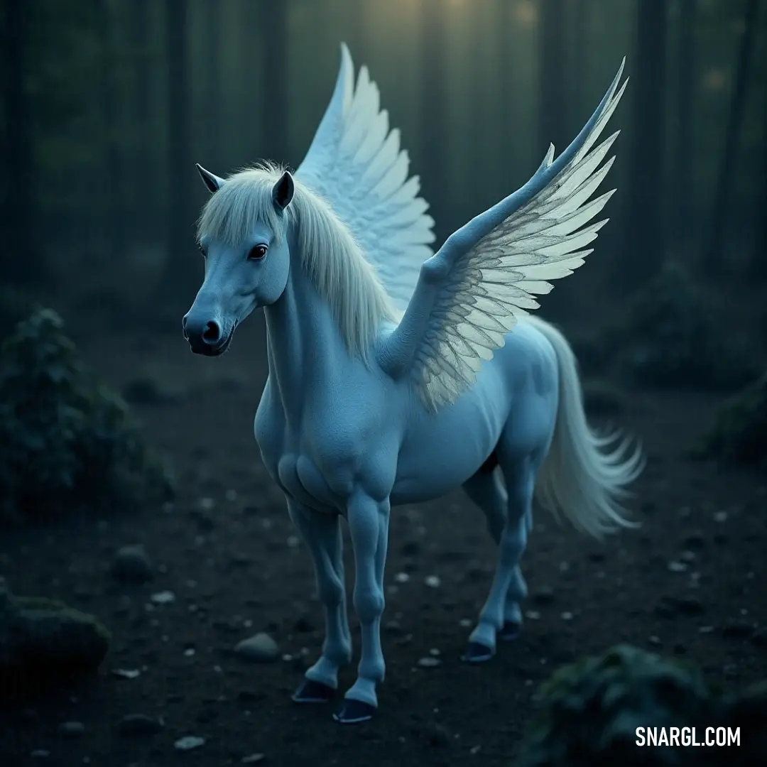 A magnificent white Dawnshadow amidst a serene forest, showcasing its striking wings against a backdrop of rocks and lush greenery. A magnificent white Dawnshadow with expansive wings stands amidst a tranquil forest adorned with rocks and trees, capturing the essence of nature's raw beauty.