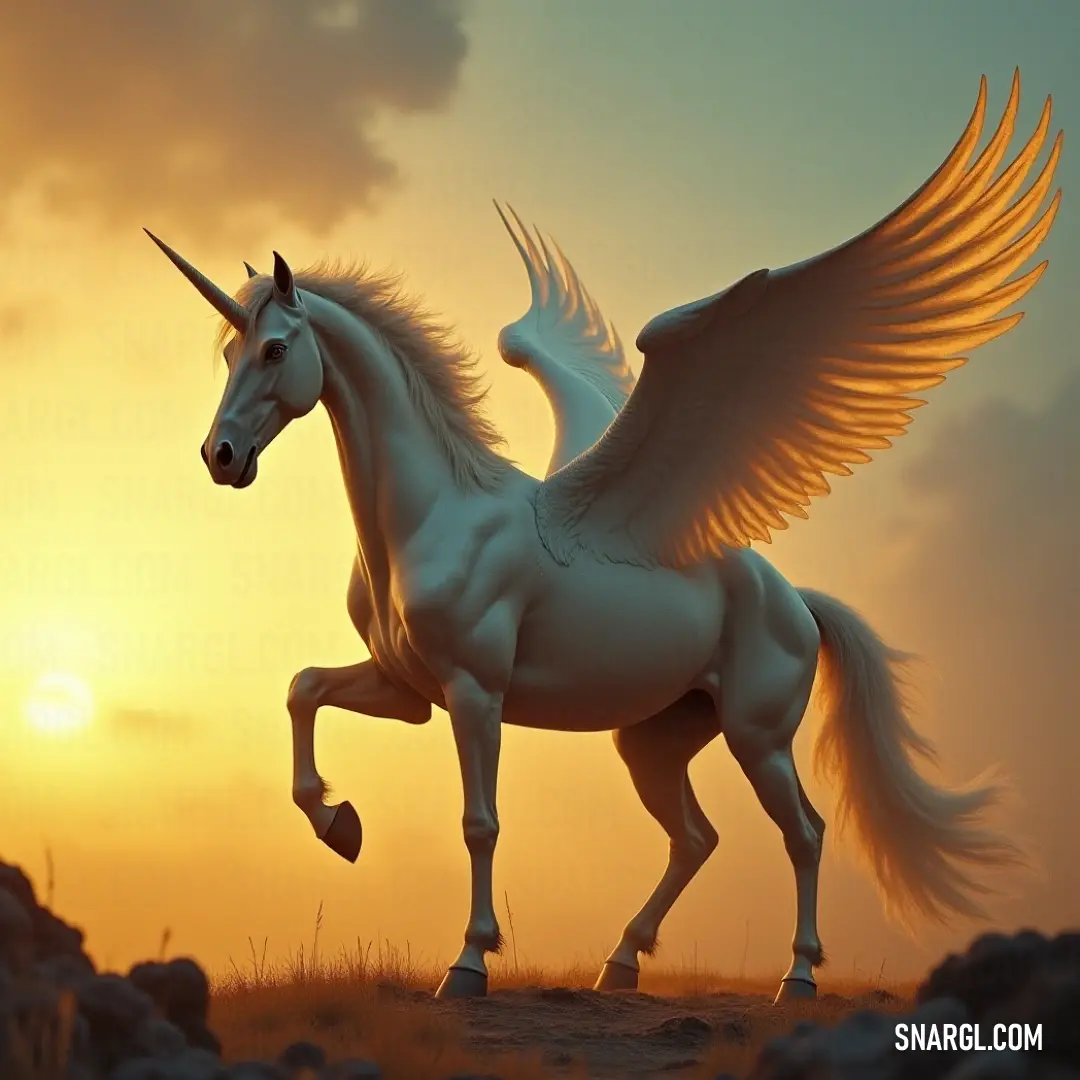 A majestic White Dawnshadow with luminous wings stands atop a hill, gazing into the horizon as the vibrant colors of a sunset bathe the sky in warm tones, creating a breathtaking and peaceful scene.