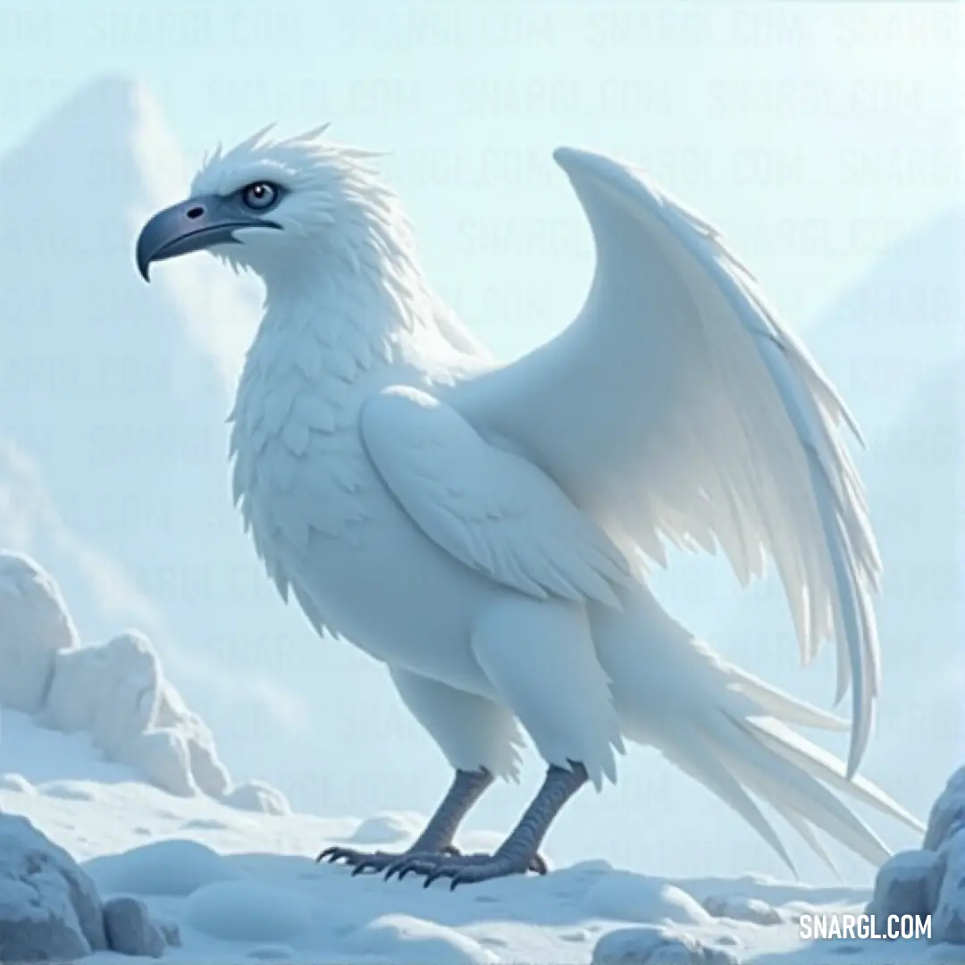 The White Dawnwing perches on a snowy hill, surrounded by rugged rocks and snow-covered peaks. Its graceful form contrasts with the harsh beauty of the frozen landscape. A stunning White Dawnwing with a long tail stands majestically on a snowy hill, the surrounding rocks and snow-covered mountains offering a breathtaking, icy backdrop to this striking creature.