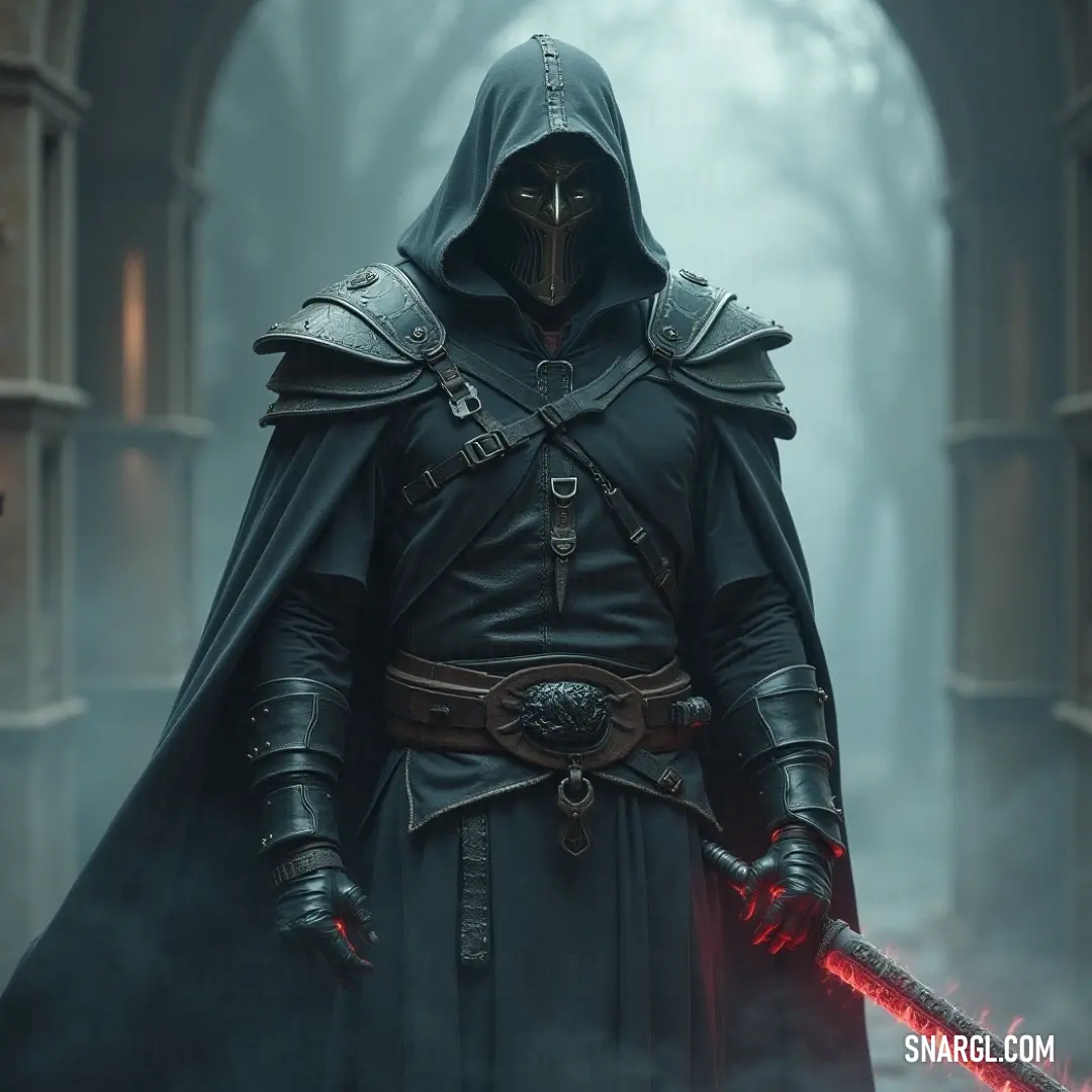A cloaked warrior wielding a sword amidst fog and ancient arches, radiating an aura of mystery and valor. A mysterious figure cloaked in shadows brandishing a sword, stands in an ethereal space shrouded in fog. Towering arches loom in the background, hinting at lost grandeur as dim light filters through the haze, creating an atmosphere of intrigue and suspens