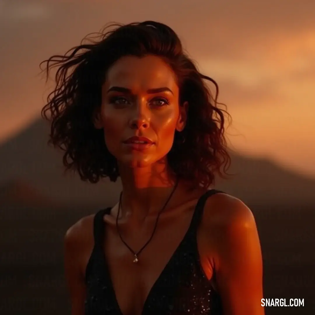 Bathed in the warm hues of a setting sun, she stands at the edge of a desert, her silhouette framed against majestic mountains, creating a striking tableau of natural beauty and serene reflection. Standing against a breathtaking desert sunset, a woman adorned with a necklace gazes towards the horizon, framed by silhouettes of mountains and a canvas of warm, glowing colors.