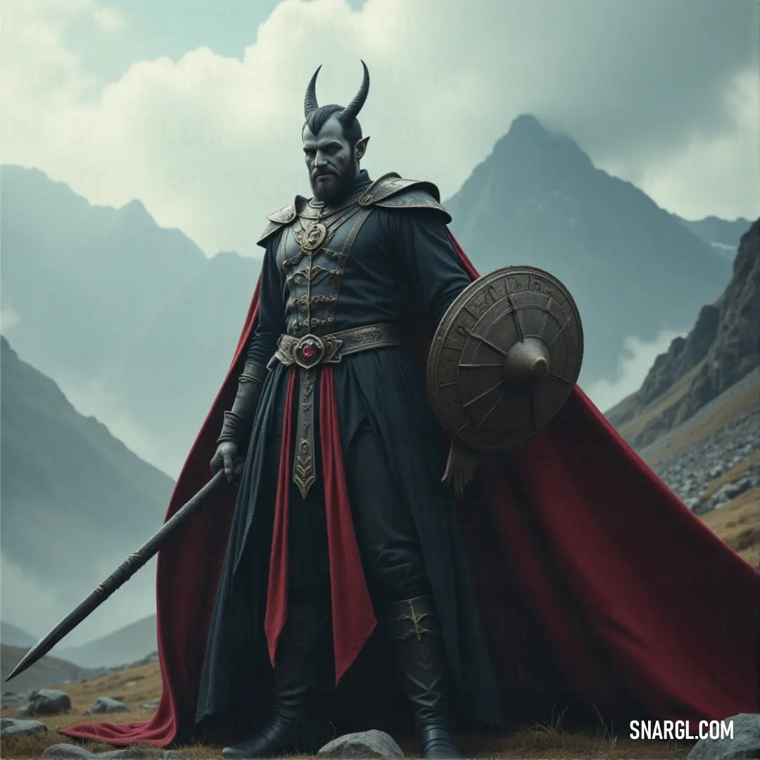 A formidable Death Enchanter with a sword and shield amidst towering mountains, enveloped in mystery and dark power. A powerful Death Enchanter, draped in dark ceremonial armor, grips a sword and shield tightly as he stands on rocky terrain. Towering mountains surround him, their peaks shrouded in mist, enhancing the ominous aura of this mystical figure.