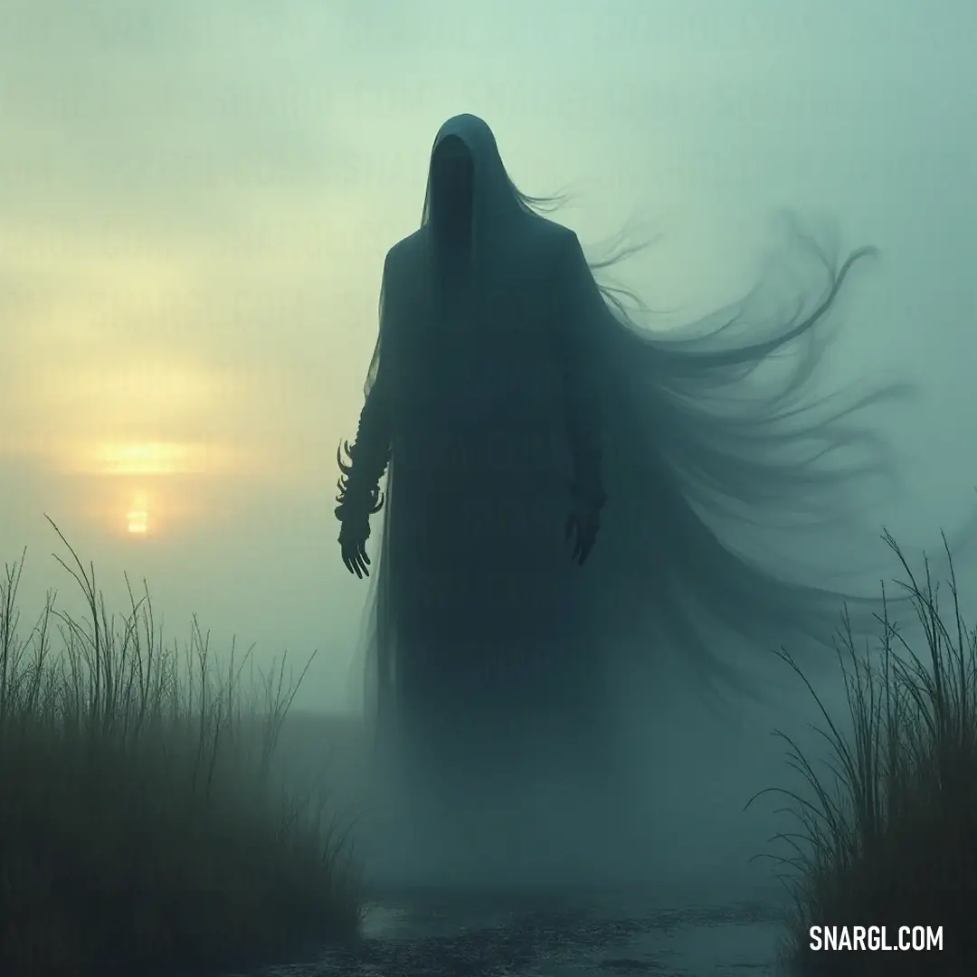 The Death Lingerer, with long flowing hair, traverses a fog-covered field at sunset, with a golden sun setting on the horizon, creating a stunning contrast against the encroaching mist.