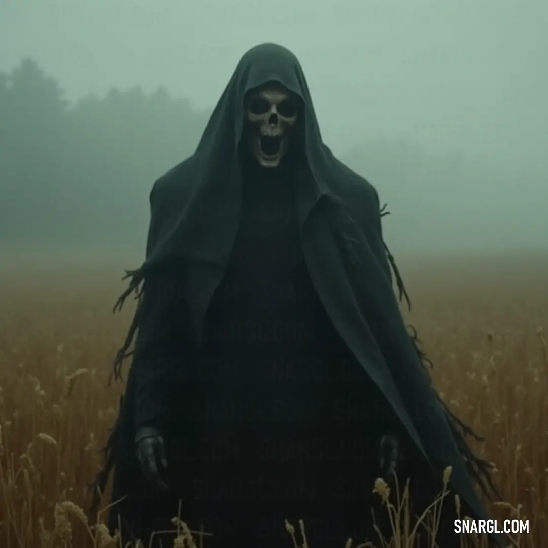 The ominous Death Lingerer clad in a black hooded suit looms in a field of golden wheat, embodying the duality of existence and the mysteries that lie in the natural world. The Death Lingerer, shrouded in a black hooded suit, stands ominously in a golden field of wheat, an enigmatic symbol of the darker aspects of life and nature amidst the swaying stalks.