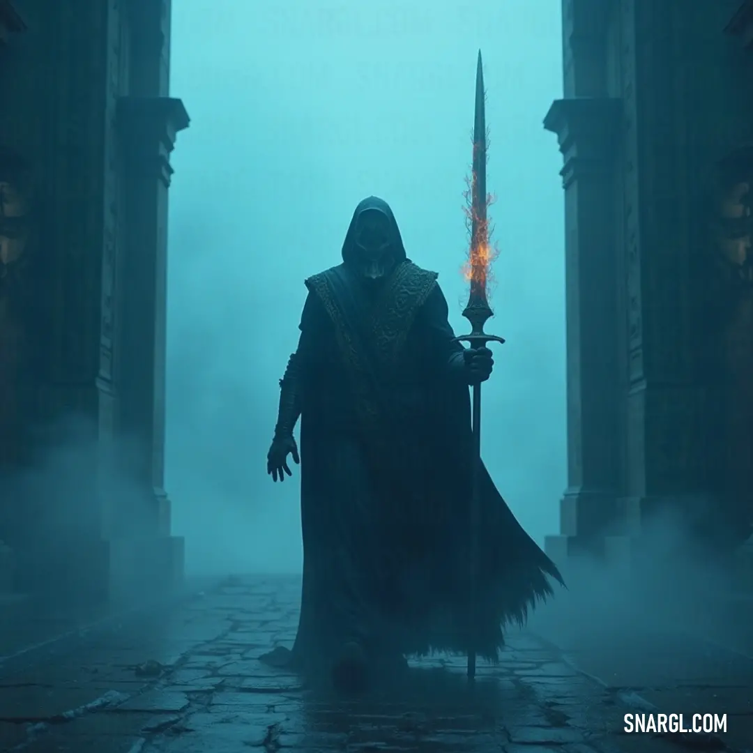 In an eerie fog-cloaked area, a Death Sorcerer dressed in a dark hooded suit grips a gleaming sword tightly amidst ghostly pillars, shrouded in an atmosphere of suspense and foreboding. In an eerie fog-cloaked area, a Death Sorcerer dressed in a dark hooded suit grips a gleaming sword tightly amidst ghostly pillars, shrouded in an atmosphere of suspense and foreboding.