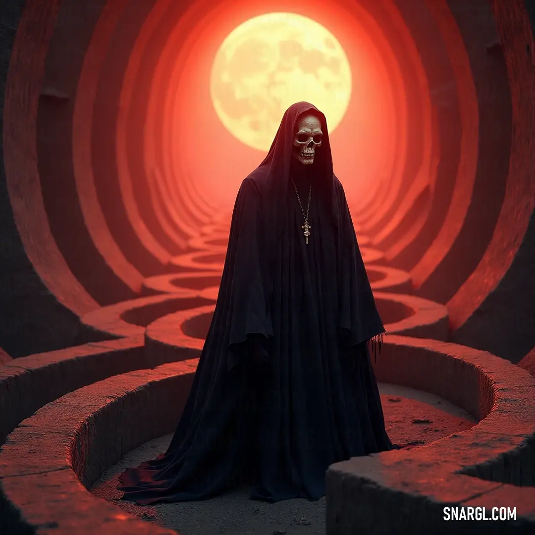 An ominous vigilante, the Death Stalker, haunting the winding paths of a maze, shrouded in darkness beneath a blazing sun. The Death Stalker, an ominous figure in a black robe and chilling skull mask, navigates through a labyrinthine maze. A fiery sun hangs low, illuminating the path ahead and casting eerie shadows all around.