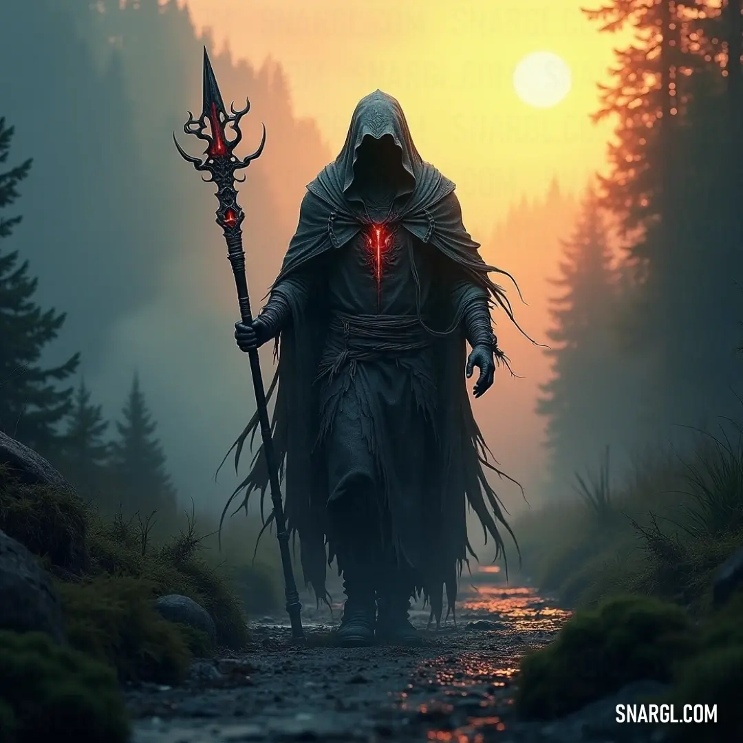 The Death Whisperer walking through a misty forest with a sceptacle in hand, exuding an aura of mystery. The Death Whisperer, cloaked in mystery, strides through an ancient forest, a sceptacle held in his hand and another atop his head. His presence is ominous, as if he commands the very forest itself.