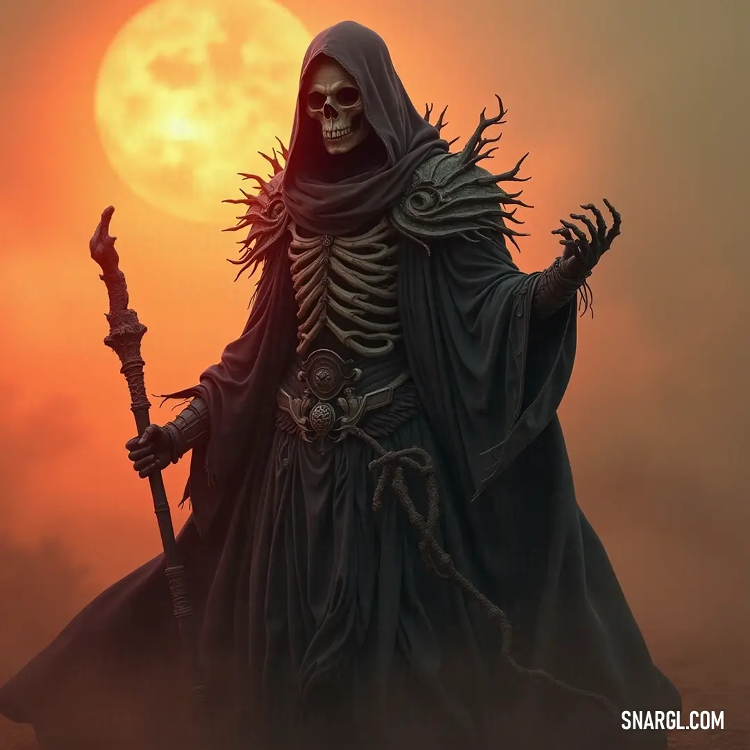 An enigmatic figure of Death, robed in black and wielding a sceptre, exudes an aura of mystery under the radiant light of the full moon, inviting thoughts of the macabre. A spectral figure dressed in a flowing black robe stands poised beneath the luminous gaze of a full moon, clutching a sceptre adorned with intricate designs, surrounded by a haunting glow that reveals its formidable presence.