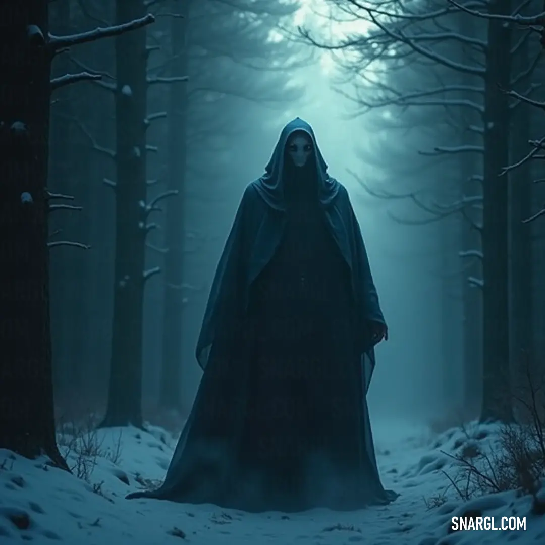 Deathbringer Wraith in Moonlit Forest: A Specter of the Night A formidable Deathbringer Wraith cloaked in shadows stands resolutely against the snowy backdrop of a moonlit forest. The soft glow of the full moon bathes the scene, highlighting the ethereal, otherworldly nature of the Wraith, creating an atmosphere of