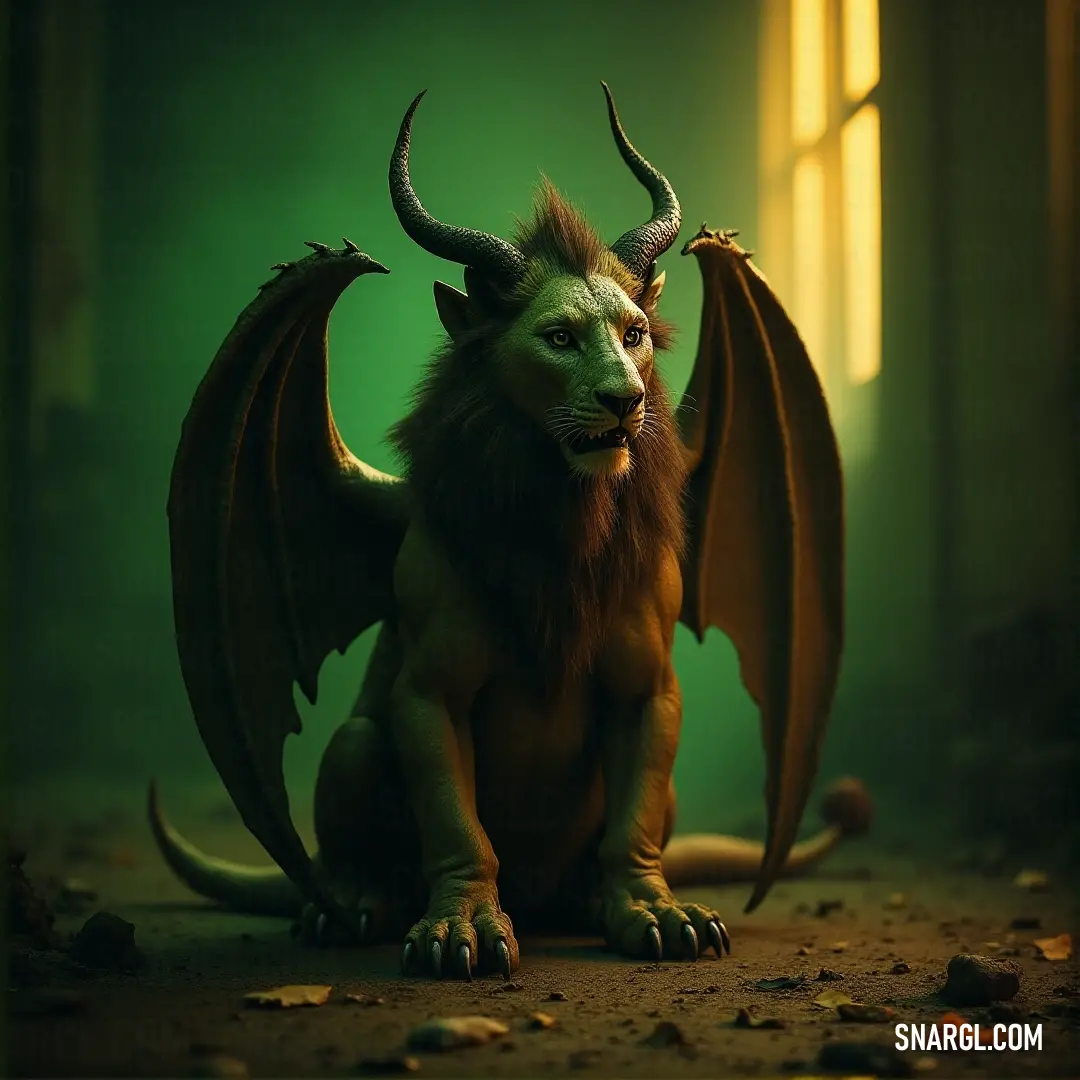 A Green Deathclaw Manticore with formidable horns and a long tail rests on the ground in front of a window, the lush green background offering a striking contrast to its fierce presence.