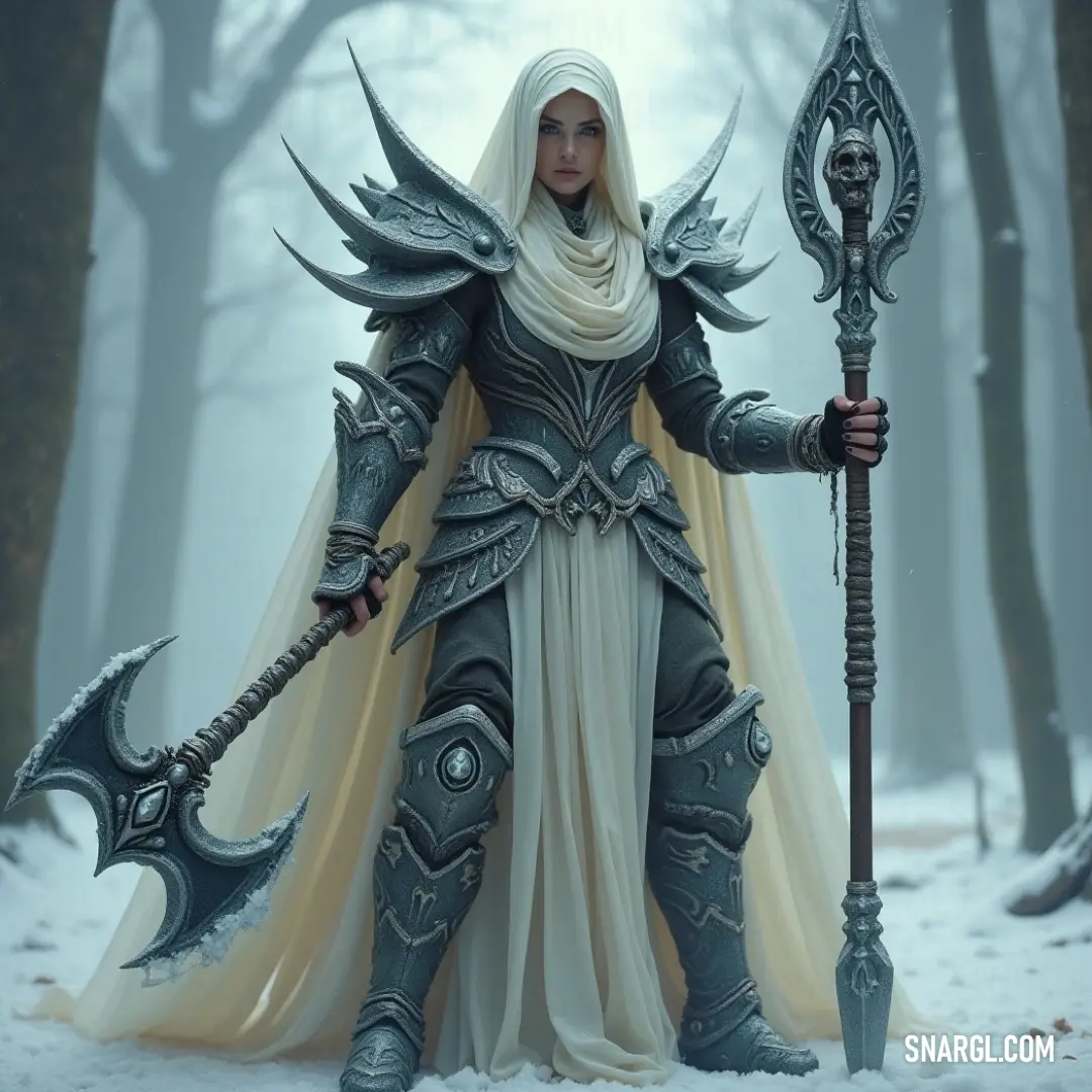 A majestic Deathlord, clad in snow-tinged layers, stands ominously in a fog-laden snowy forest, clutching a sword and staff, ready to command the elements under the veiled atmosphere of winter's grip.