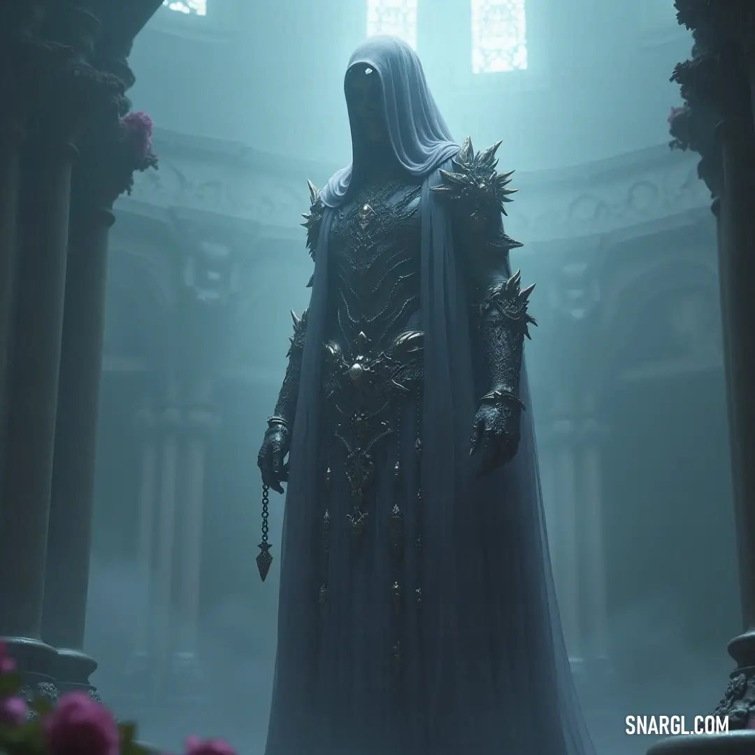 A deathly apparition in white stands amidst columns, with a cross visible in the background, giving the scene an eerie, solemn mood. A ghostly apparition dressed in white stands eerily in a grand room. Columns rise around her, and a cross on the wall adds an air of haunting reverence to the scene.