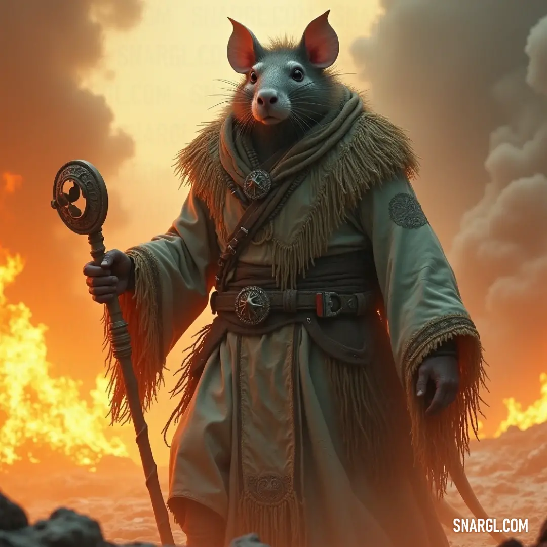 Deathmaster Engineer holding a staff, with fire blazing in the background, embodying power and mystery. A Deathmaster Engineer stands with a staff, surrounded by fiery energy, commanding a sense of authority and mystery as the flames crackle behind him.