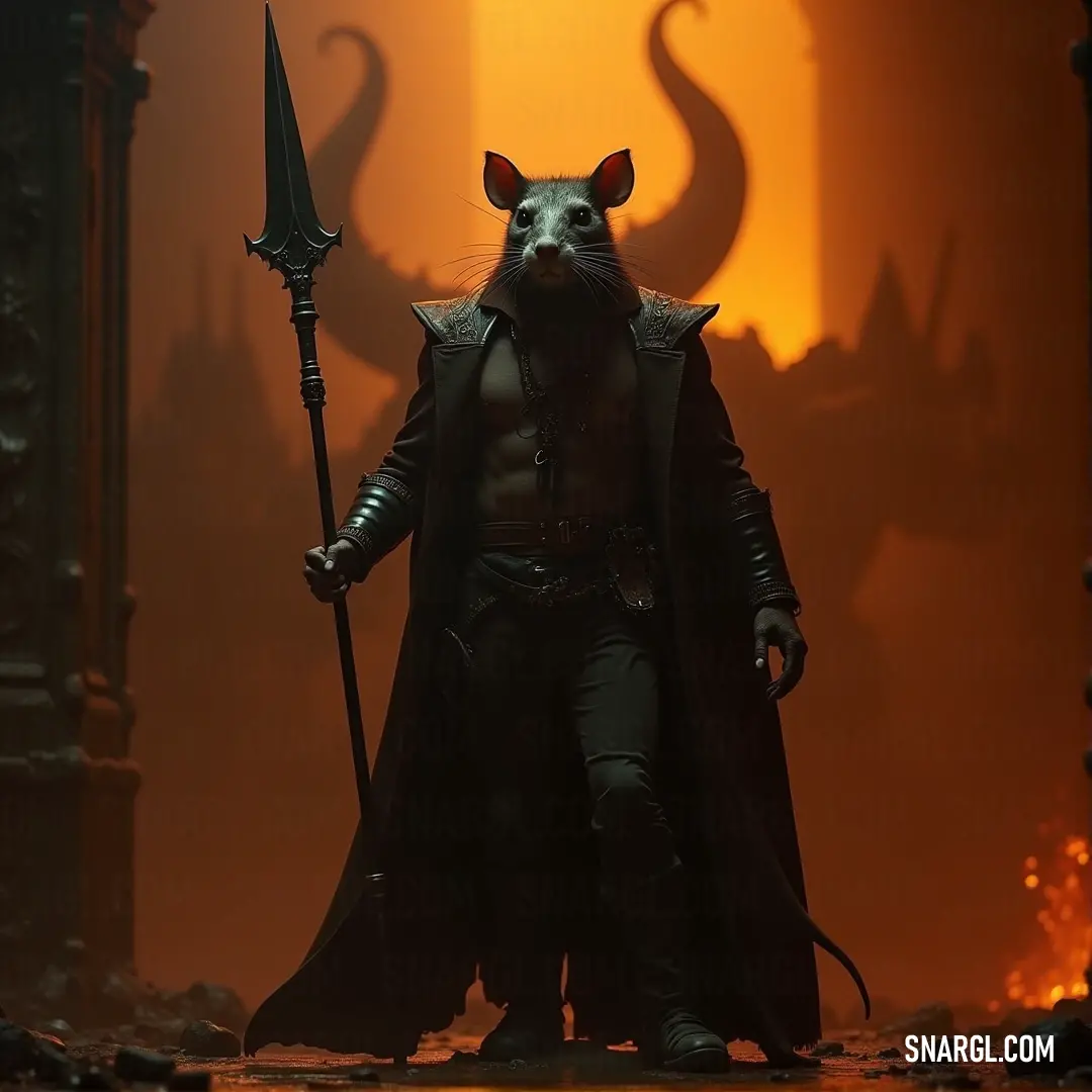 A Deathmaster Leader, garbed in a long coat with a dramatic tail, holds a staff and knife, casting an imposing figure as he stands against a backdrop that speaks of his dark and commanding presence. The Deathmaster Leader, cloaked in a long coat with a flowing tail, stands imposing with a staff in one hand and a knife in the other. The dark atmosphere of the scene is enhanced by his powerful presence and the weight of his weapons.