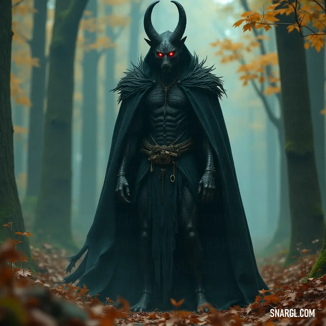 A striking Deathmaster Master with horns stands boldly in a leaf-strewn forest, highlighting nature's raw beauty and fierce character. The formidable Deathmaster Master with impressive horns rises proudly amidst a tranquil forest, adorned with fallen leaves, showcasing a piercing red eye as it blends courage with the enchanting beauty of nature.