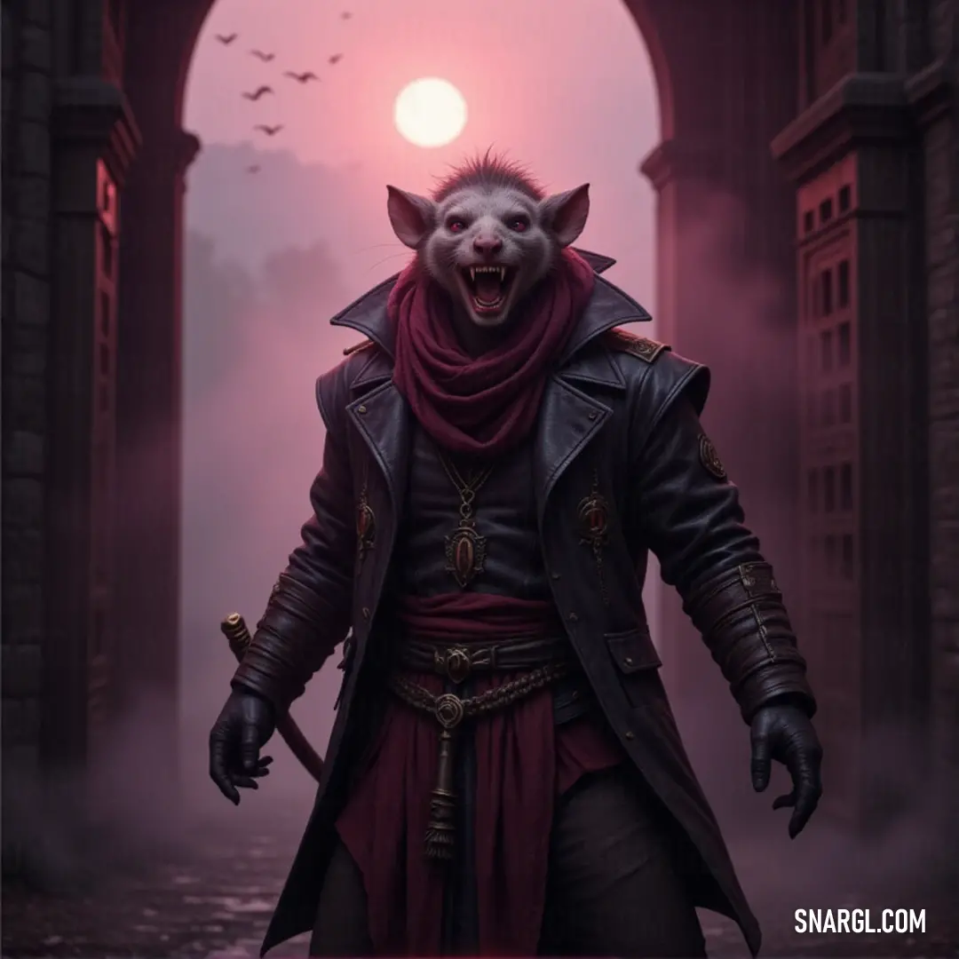 A demonic figure in a red cloak and scarf, holding a knife, with an ominous presence. A sinister figure stands in a red cloak and scarf, holding a knife in one hand. His demonic features and menacing stance create an aura of darkness, as though he’s preparing for a dark ritual or confrontation.