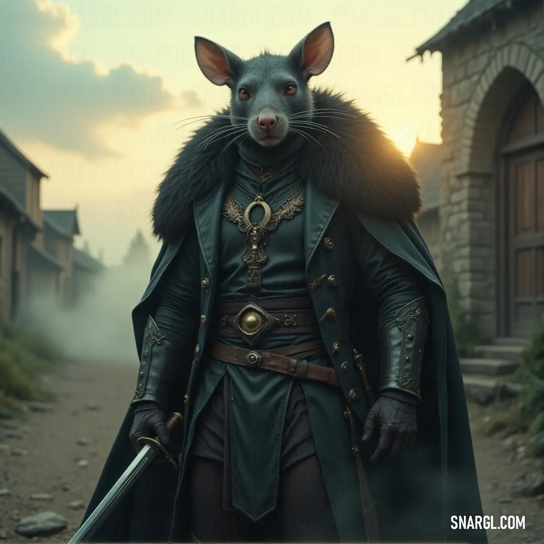 A medieval figure in a hooded cloak, holding a sword, standing in anticipation of something dire. A cloaked figure in medieval garb stands tall, holding a sword, his hood casting shadows over his face. The atmosphere is tense, as though he’s preparing to embark on a mission or face an impending battle.