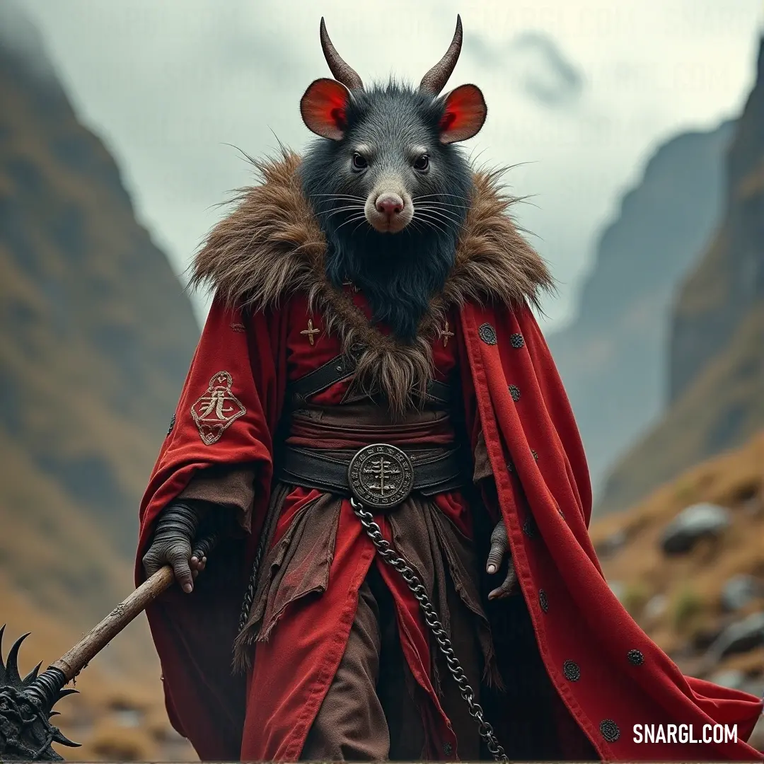 A striking Deathmaster Master with horns and a red coat, standing atop a mountain side, a sword in hand and a chain around his neck. The wind howls around him, his imposing form matching the rocky terrain.