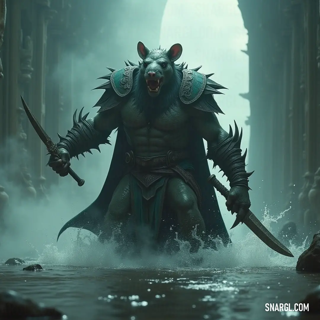 The Deathmaster Warlord, with a demon face and sword, stands in the water surrounded by a monstrous, demon-like body. The eerie atmosphere is amplified by his unsettling appearance and the looming figure behind him.