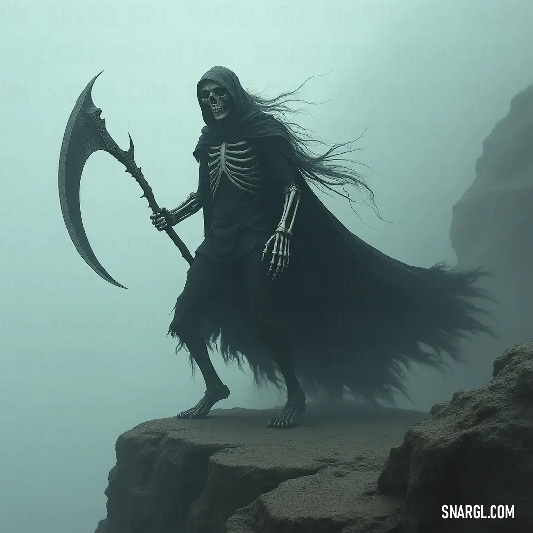 Death's Hand atop a foggy cliff, grasping a sculler, gazing into the mysterious horizon. On a cliff shrouded in fog, Death's Hand holds a sculler, overlooking the enigmatic landscape, where the ethereal mist meets the sky, evoking a sense of the unknown.
