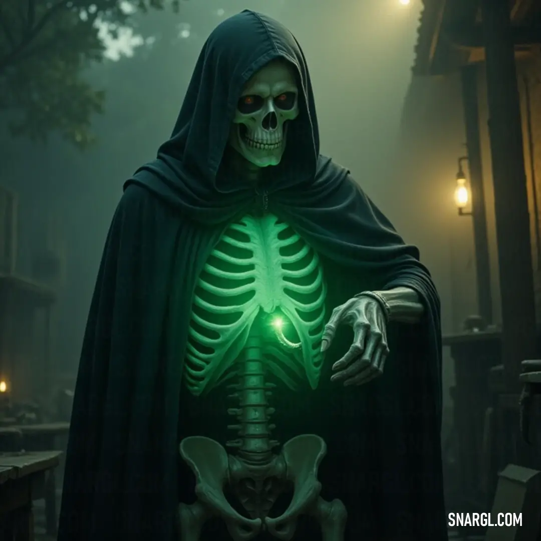 In the depths of darkness, Death's Hand holds a radiant green artifact, illuminating the chilling atmosphere of the shadowy chamber surrounding him. Draped in a hooded suit, Death's Hand clutches a glowing green object that casts a spectral light within the shadows of a dimly lit room, creating an eerie ambiance filled with secrets.