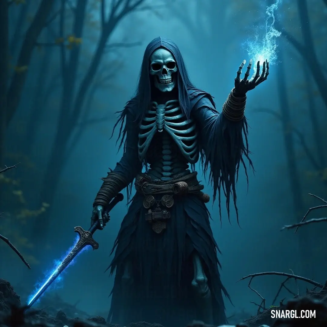 Death’s Hand stands tall in a foggy forest, gripping a sword, as mist and trees set the scene for a mysterious encounter. A powerful figure, Death’s Hand, stands tall in a fog-filled forest, gripping a sword in one hand. The misty air and dark trees around him create an atmosphere of haunting mystery, as if he is waiting to engage in a battle against unseen forces.